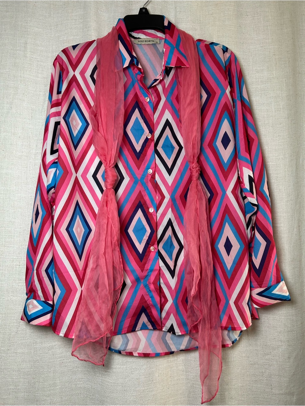 Polo Bonetta Geometric Pink & Blue Button-Up Blouse with Scarf